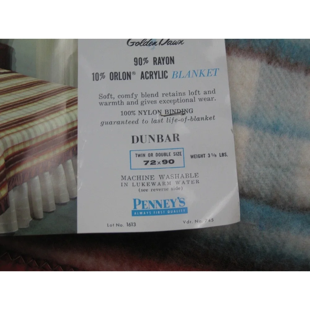 Vintage Golden Dawn JC Penney Dunbar Blanket (72x90) Plaid Stripe Satin Binding